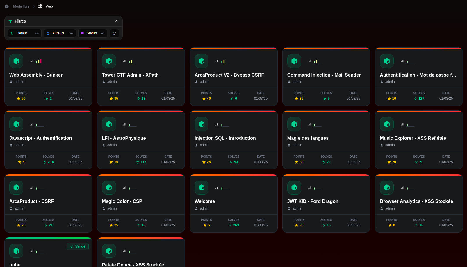 Catalogue de challenges avec filtres et tags